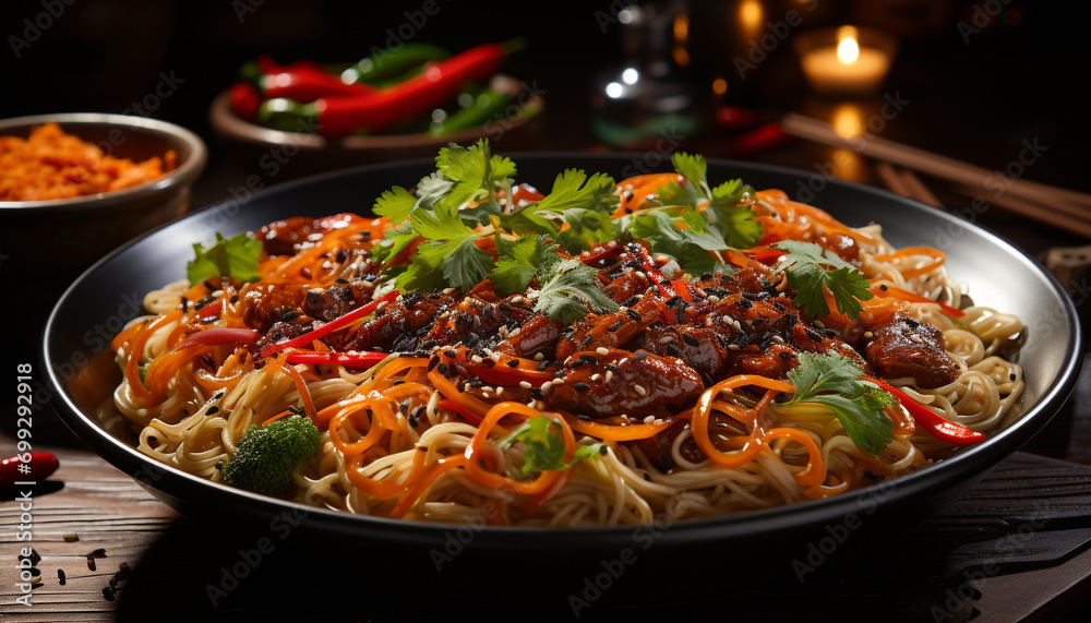 Freshness and flavors on a plate of gourmet homemade meal generated by AI Freshness and flavors on a plate of gourmet homemade meal generated by AI