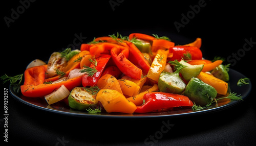 Fresh, healthy vegetarian salad with multi colored bell peppers on black background generated by AI