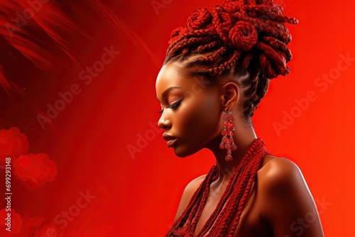 African woman with braided spikelet hair on red background.