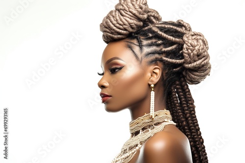African woman with braided spikelet hair on white background.