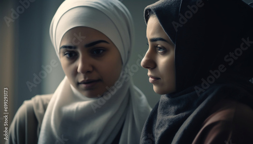 Young adult women in hijab  looking at camera with spirituality generated by AI