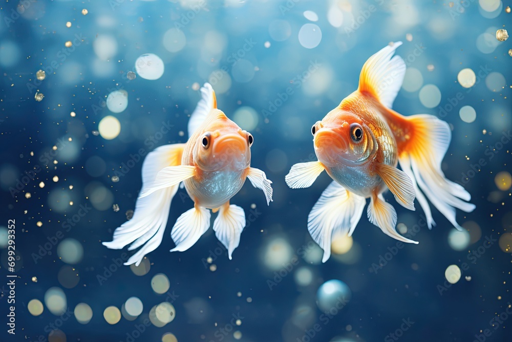 Two gold fishes in water.