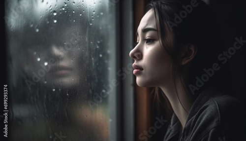 A young woman, looking through the window, feeling sadness and loneliness generated by AI