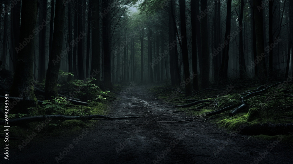 Pathway Through A Dark Forest. A dark and moody forest at night with a pathway. AI Generative