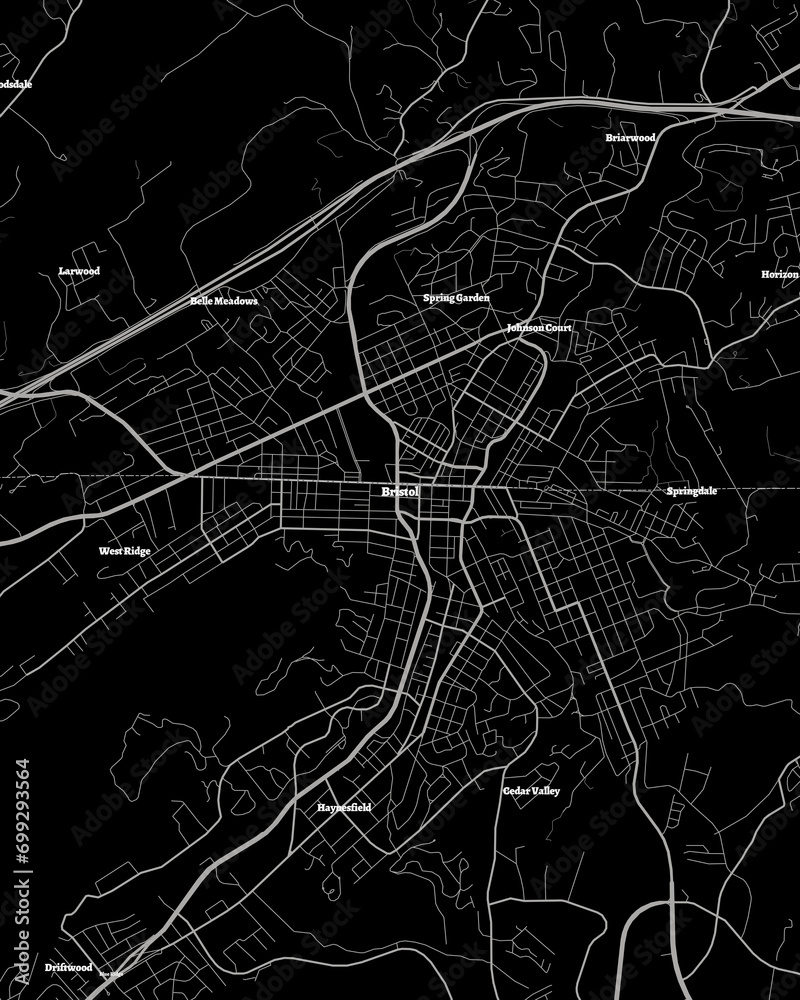 Bristol Tennessee Map, Detailed Dark Map of Bristol Tennessee