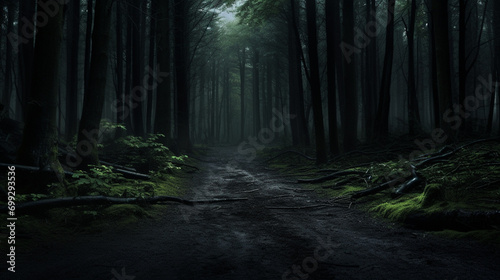 Pathway Through A Dark Forest. A dark and moody forest at night with a pathway. AI Generative