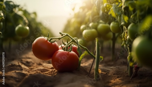 Fresh, organic tomato plant grows in a lush green vegetable garden generated by AI