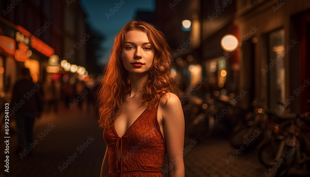 A young woman, illuminated by street lights, exudes elegance and confidence generated by AI A young woman, illuminated by street lights, exudes elegance and confidence generated by AI