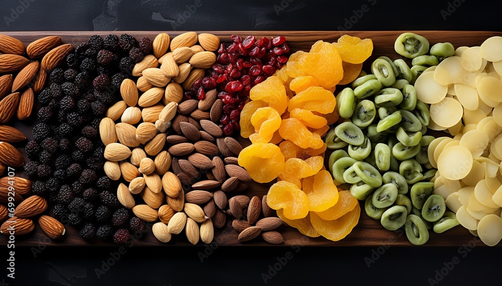 Assorted dried fruits and nuts on a dark background, Concept: healthy and nutritious selection of snacks, healthy snack
Assorted dried fruits and nuts on a dark background, Concept: healthy and nutritious selection of snacks, healthy snack