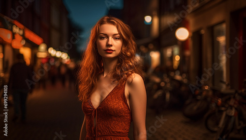 A young woman, illuminated by street lights, exudes elegance and confidence generated by AI