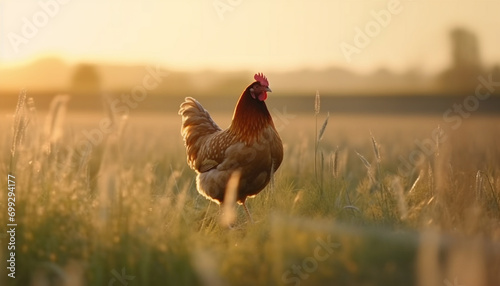 A beautiful sunrise on a farm, chickens roam freely in the meadow generated by AI