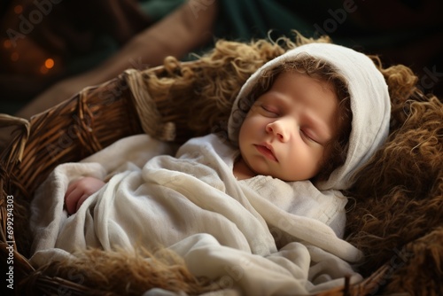 Portrait of newborn Jesus Christ baby boy in manger.
