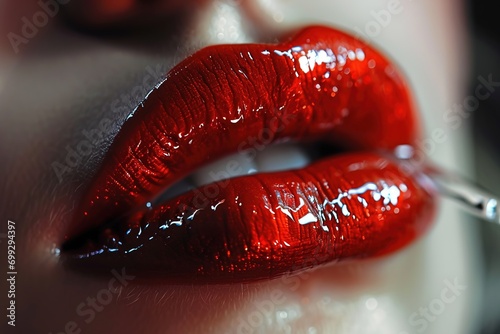 Girl lips with glossy shinny red lipstick. photo