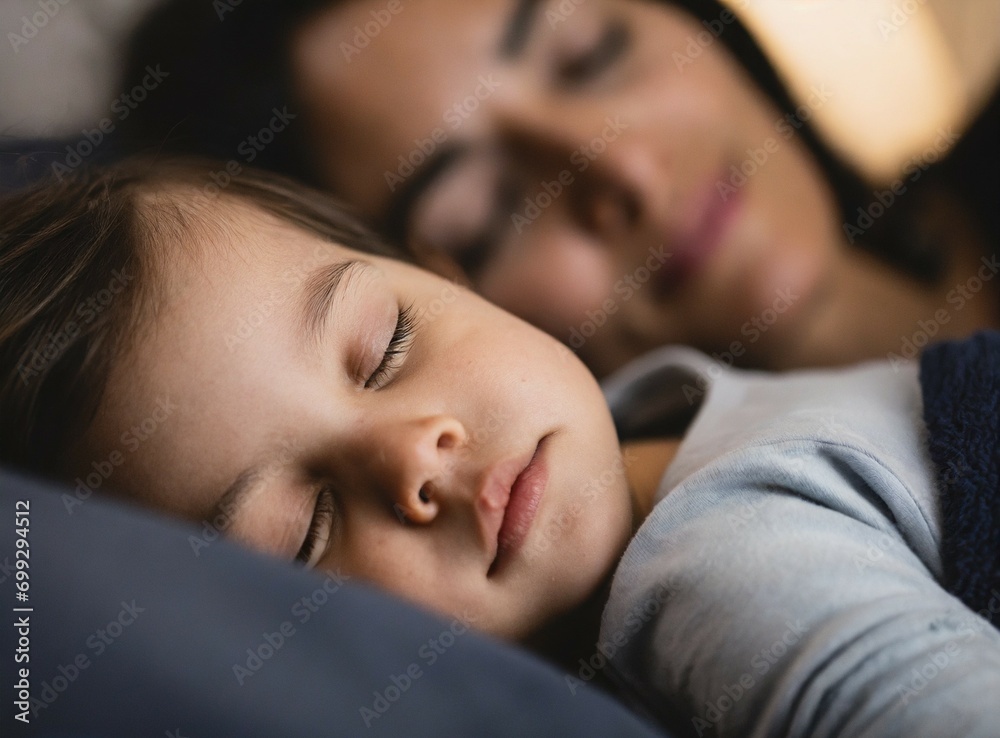 Adopted child sleeping tight in bed with his Latin mother. Sleep and rest concept. Boy face closeup.