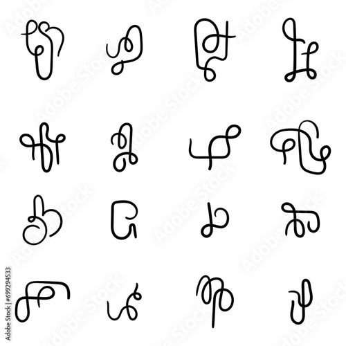 Vector set of abstract symbols. Fictional signs. Hand drawn squiggles.