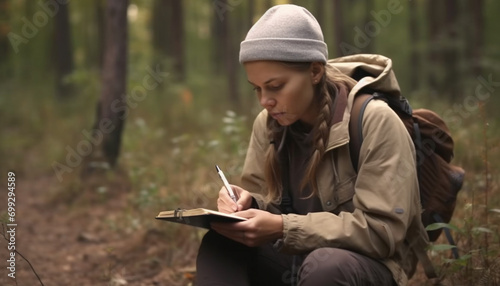 A man sitting outdoors, reading a book in the forest generated by AI