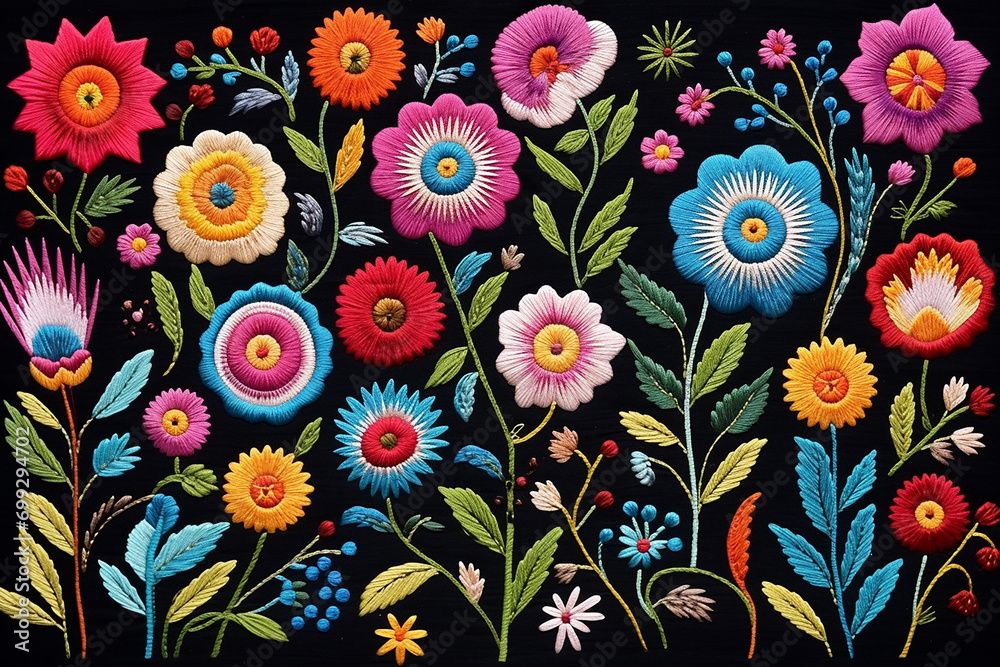 Beautiful Multi-Color Flowers Embroidered on Dark Fabric - Exquisite Floral Decor for Fashion and Textiles - Created with Generative AI Tools