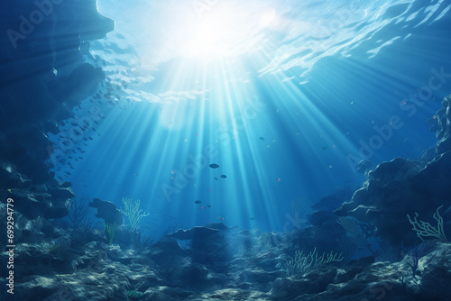 Underwater Sea: Exploring the Deep Abyss with Blue Sunlight - Captivating Oceanic Depths - Created with Generative AI Tools