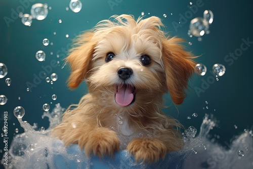 Cute puppy in bath surrounded by bubbles.