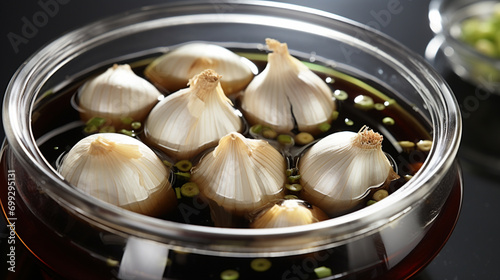 Close-up of pickled garlic with soy sauce on a jar. AI Generative photo