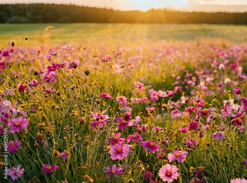 Field of lilac flowers at golden hour/sunset