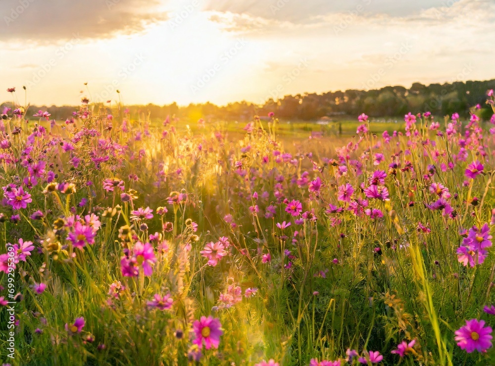 Obraz premium Field of lilac flowers at golden hour/sunset