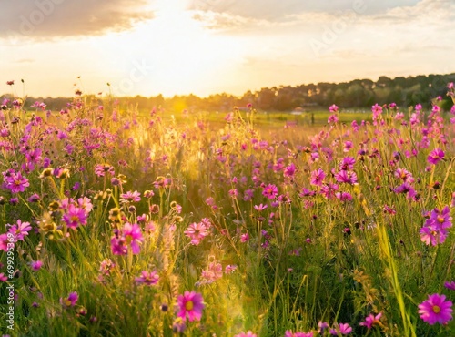 Field of lilac flowers at golden hour/sunset