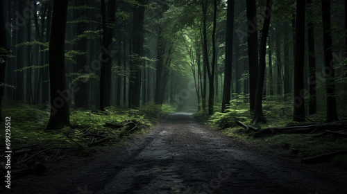 pathway through a dark forest. The pathway through the dark foggy forest. AI Generative photo