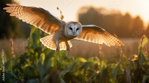 owl flight. hunting barn owl, wild bird in morning nice light. beautiful animal. AI Generative photo