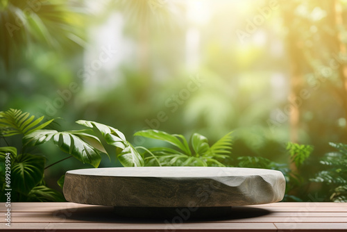 Natural Elegance  Stone Podium Table Top on Outdoors Blur - Monstera Tropical Forest Plant Nature Background - Created with Generative AI Tools