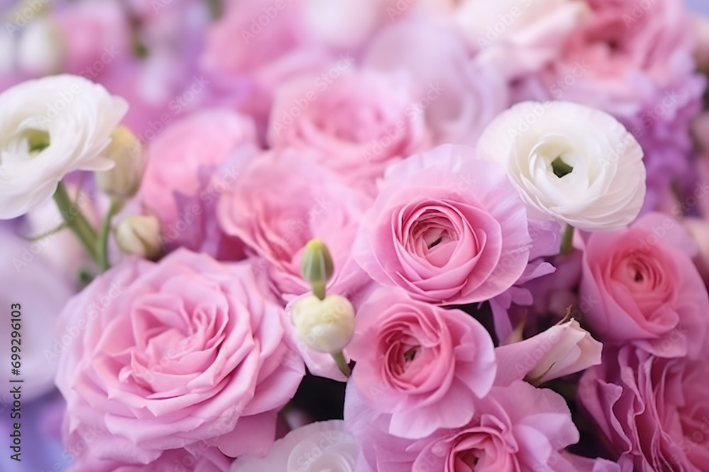 Fototapeta premium Closeup Flower Composition: Light Roses and Eustoma Bouquet - Created with Generative AI Tools