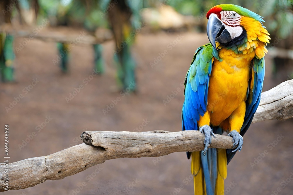 Beautiful macaw parrot sitting on a branch in the zoo
