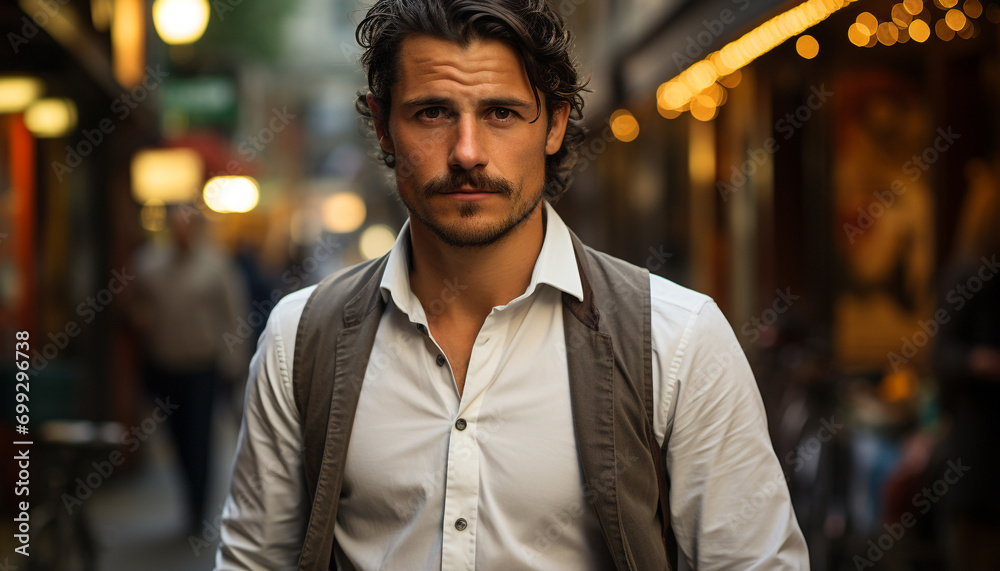 Fototapeta premium Confident man in casual fashion, walking in illuminated city generated by AI
