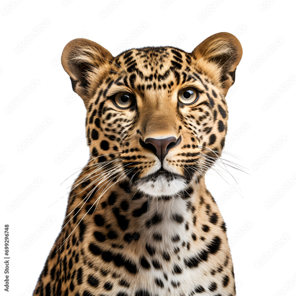 Obraz premium Leopard’s Half Body Photograph, Isolated on Transparent Background, PNG