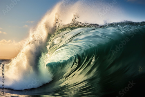 Big wave in the ocean close up. It can be seen inside the wave. photo