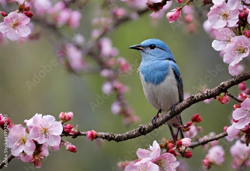 Male Himalayan Bluebird Perched on a Branch of Cherry Blossom