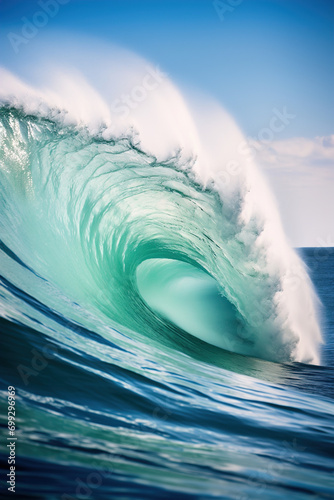 Big wave in the ocean close up. It can be seen inside the wave. photo