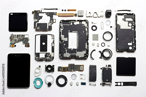 A smartphone disassembled into parts and the parts arranged on a white background. photo