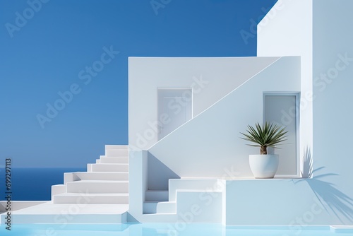Modern white greek architecture with blue background.