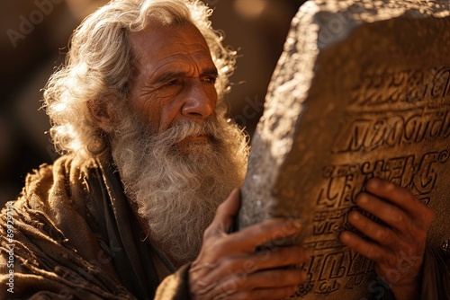Moses holding the stone tablets with the 10 commandments, Bible story. photo