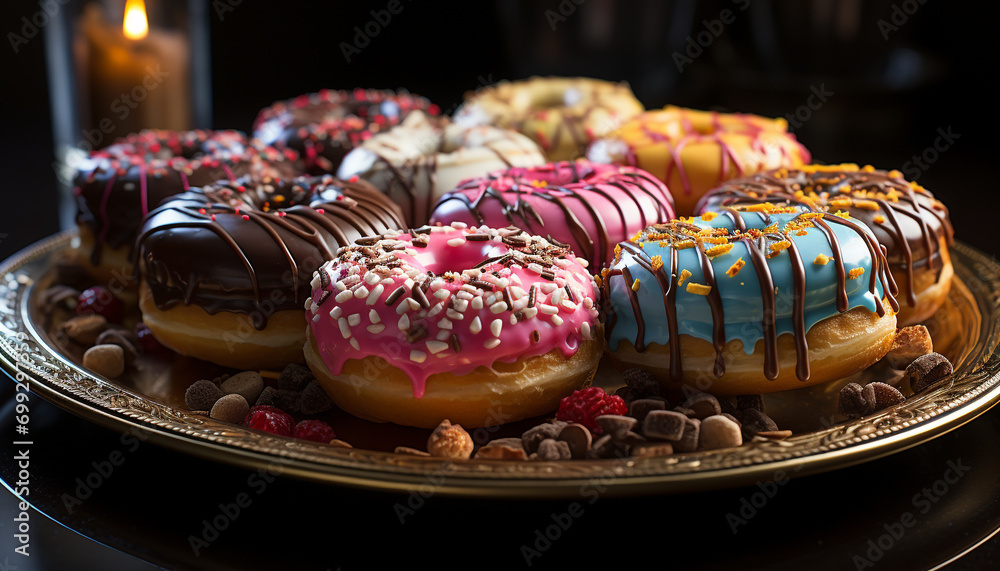 Stacked donuts on a plate, tempting indulgence on wood generated by AI