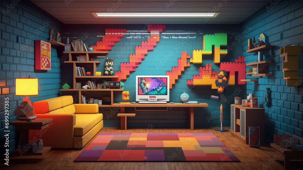 gaming room with pixel art - obrazy, fototapety, plakaty 
