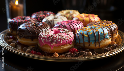 Stacked donuts on a plate, tempting indulgence on wood generated by AI