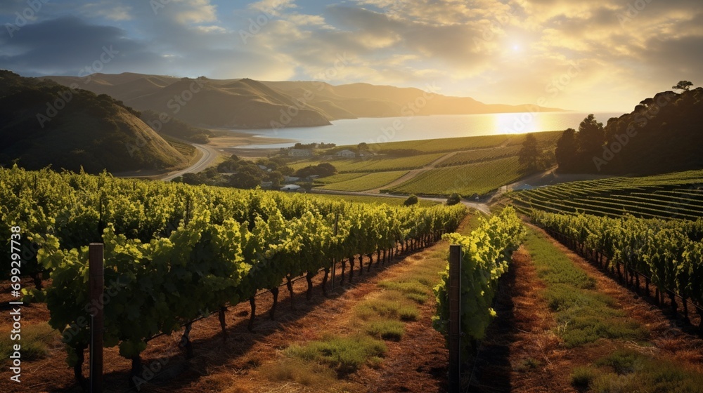 A tranquil, sun-kissed vineyard with rows of grapevines stretching into the distance.