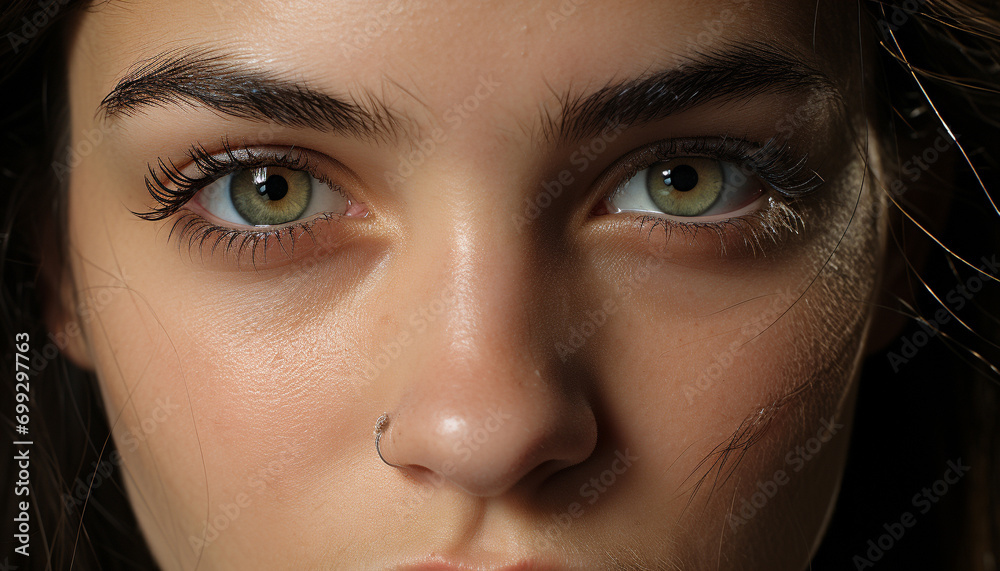 Fototapeta premium Young adult woman with brown hair looking at camera, smiling generated by AI