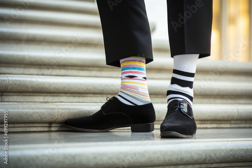 Legs with black pants, different pair of socks and black shoes standing on stairs outdoors. Young man foots in mismatched socks. Odd Socks day, Anti-Bullying Week, Down syndrome awareness concept photo