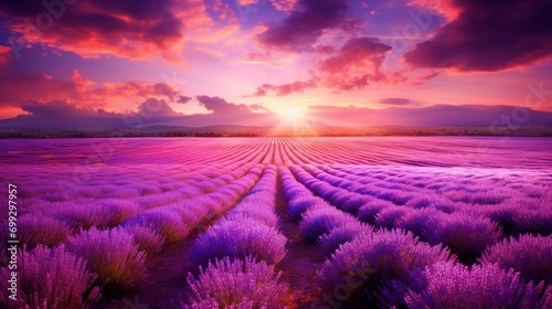 A vibrant, sun-drenched field of lavender stretching to the horizon, a sea of purple.