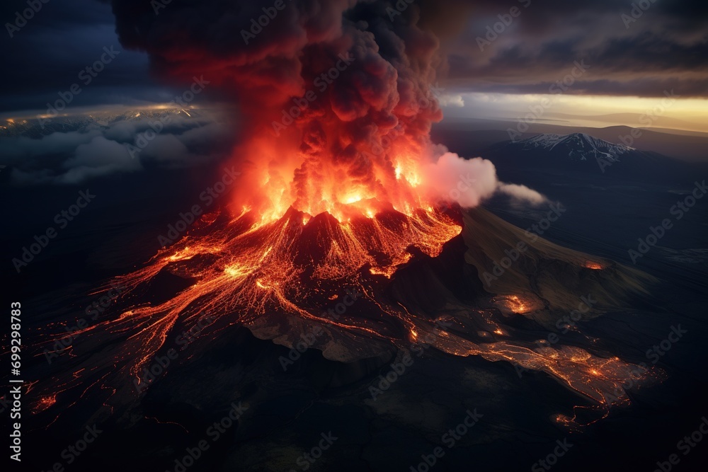 Aerial view of a volcano erupting.