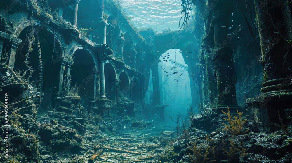 Ruins of ancient city sunk at bottom of sea. Atlantis like sunken city ...