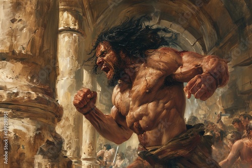 Strongest man Samson breaking the temple columns, Bible story. photo